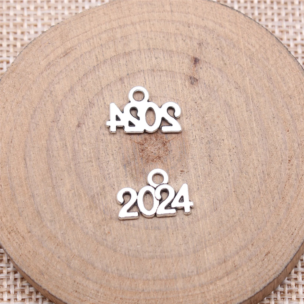 9x14mm 0.44g Antique Silver Zinc Alloy 2024 Year Number Charm Pendant for DIY Necklace Bracelet Jewelry