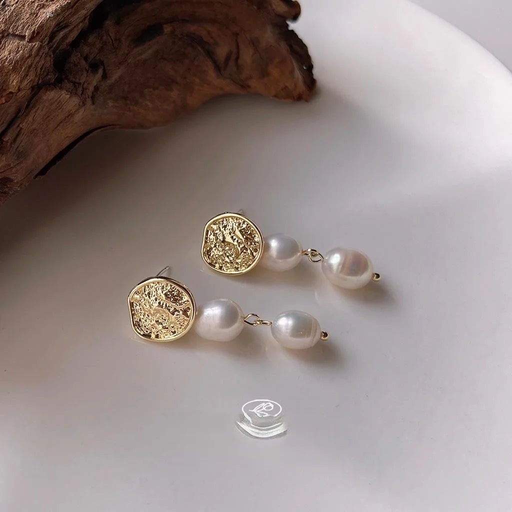 French Vintage Handmade Freshwater Pearl Beaded Tassel Stud Earrings With Hammered Metal Geometric Design