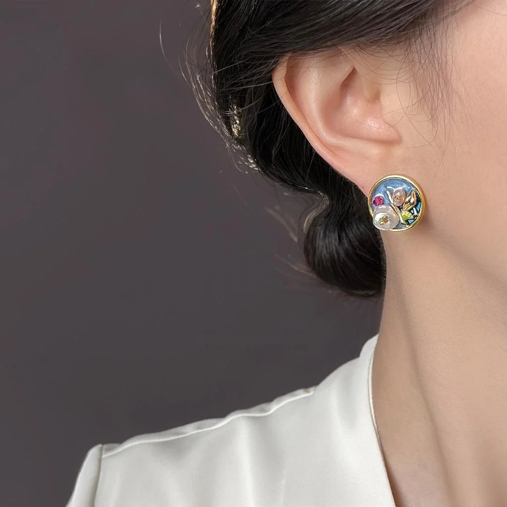 Vintage Baroque Freshwater Pearl Floral Geometric Silver Plated Stud Earrings with Oil Painting Design