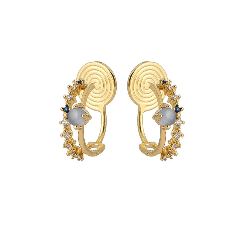 Vintage Blue Cat Eye Stone Zircon C Hoop Stud & Clip On No Piercing Elegant Gold Alloy Earrings