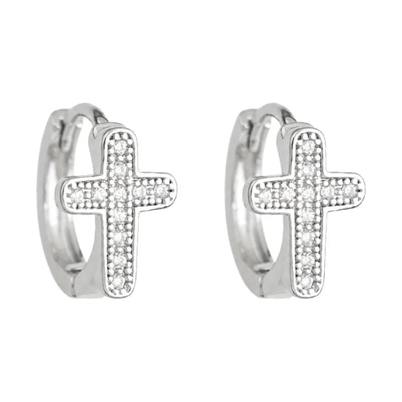 Unisex Geometric Cross Micro Pave Zircon Copper Drop Earrings Minimalist Cool Style