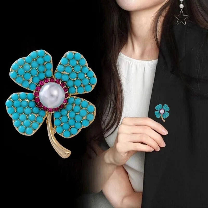 Elegant Four Leaf Clover Brooch With Turquoise Beads, Pearl And Rhinestone Lapel Pin Suit Accessory Gift