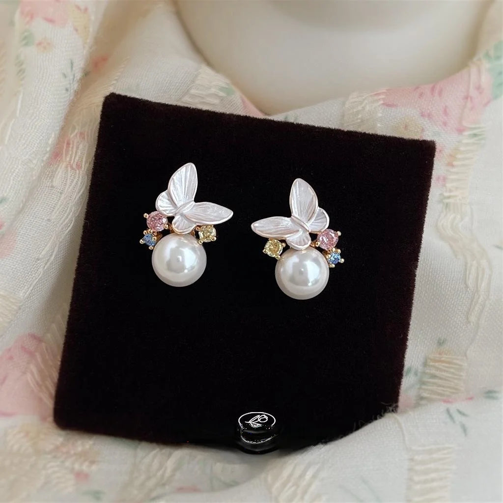 Sweet Butterfly Drop Earrings For Women Copper Glass Pearl Micro Pave Colorful Zircon Summer Jewelry