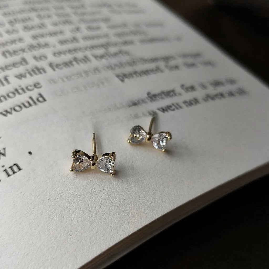 Cute 14K Plated Copper Micro Pave Zircon Bow Stud Earrings Korean Japanese Style