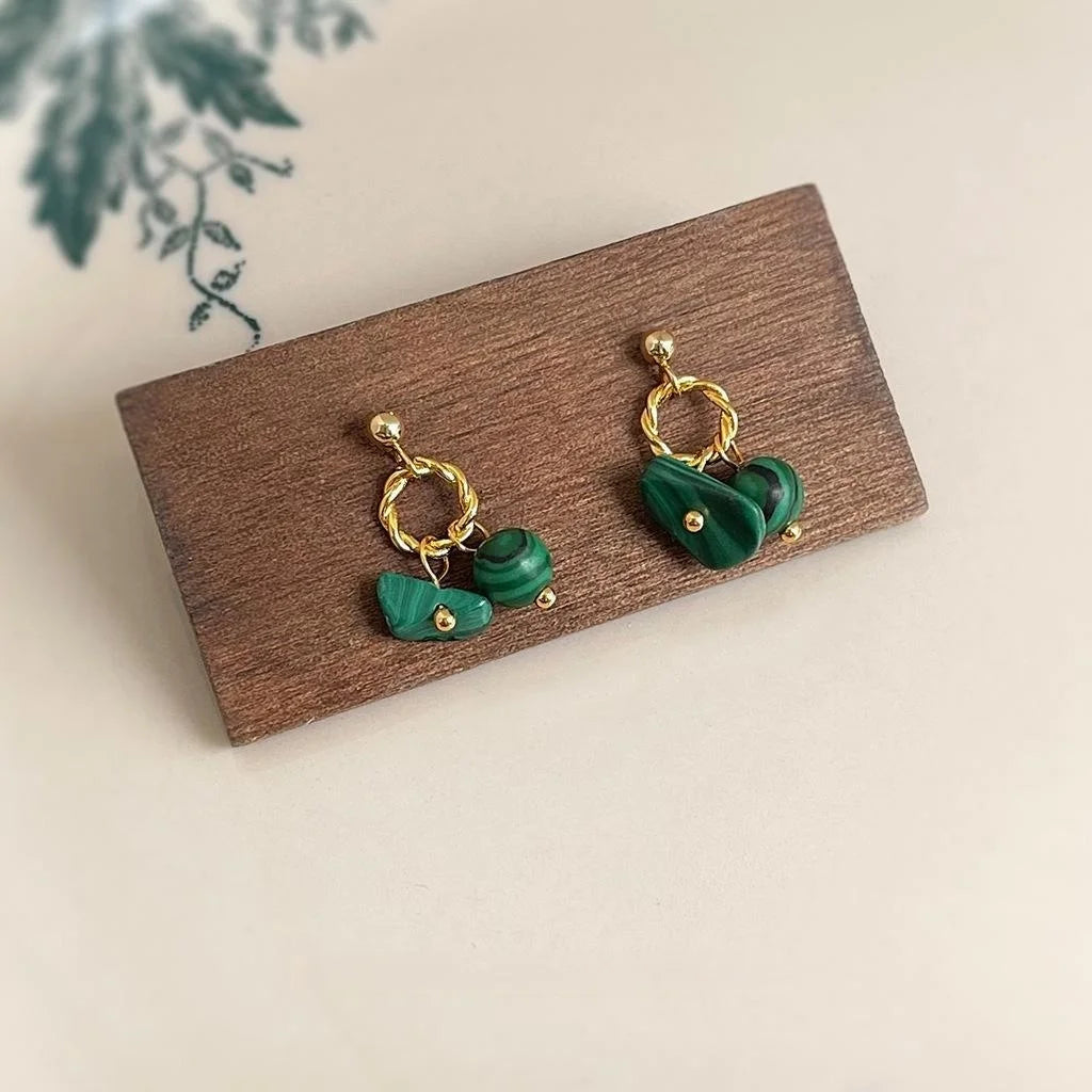 Handmade Vintage Chinese Style Synthetic Malachite Round Geometric Drop Earrings For Women