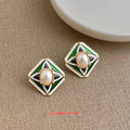 Vintage Geometric Square Pearl Stud Earrings Copper Light Luxury Court Style
