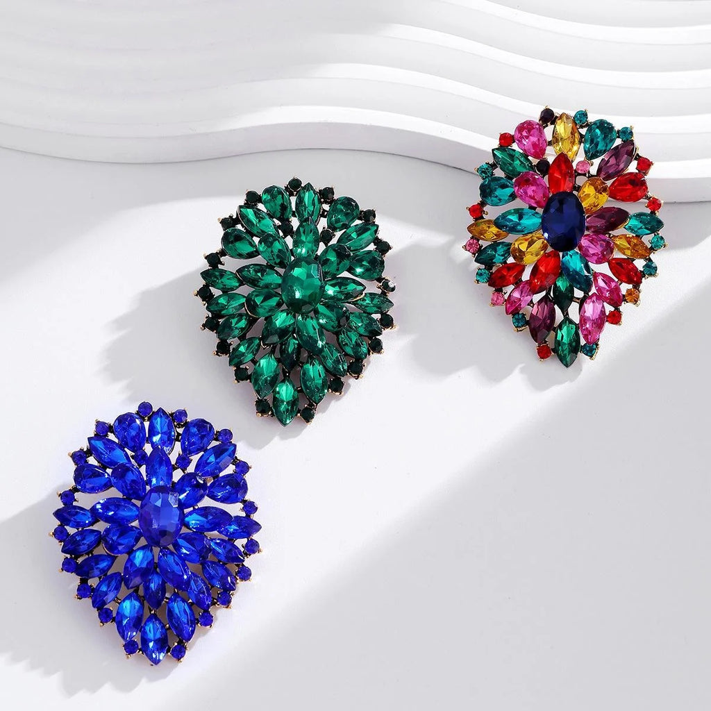 Luxury Blue Crystal Flower Brooch, Exaggerated Alloy Rhinestone Corsage Lapel Pin For Women's Suits