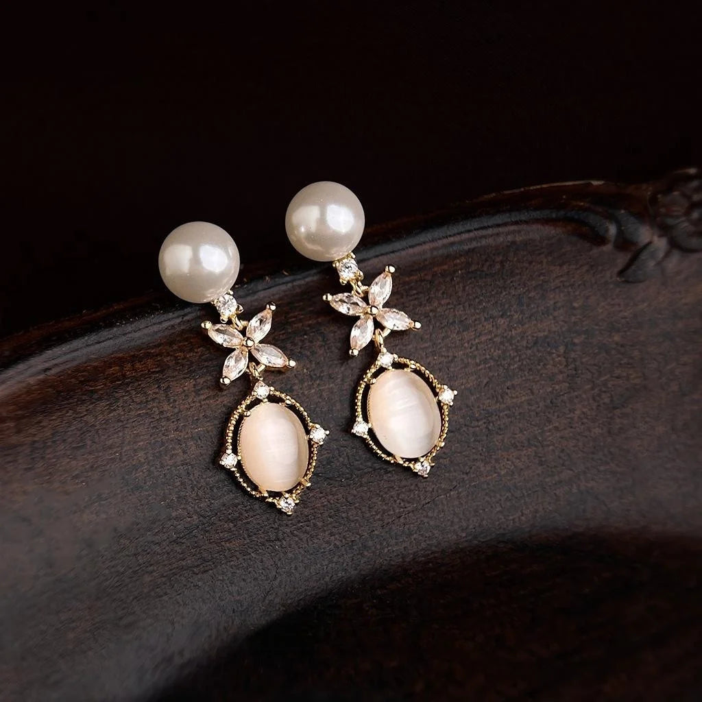 Geometric Glass Cat Eye Stone Zircon Micro Pave Long Drop Earrings