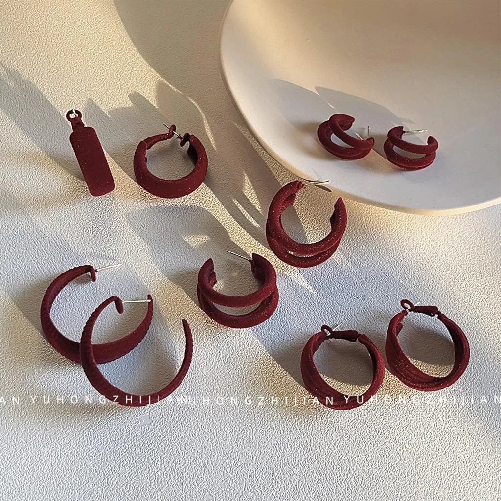Burgundy Flocked U-Shaped Hoop Drop Earrings, Premium Geometric Jewelry