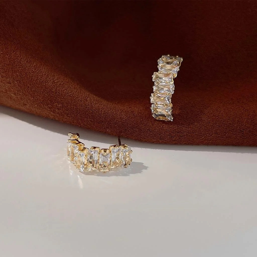 Silver Plated Needle 14K Gold Plated Zircon Stud Earrings Irregular Geometric Minimalist Style