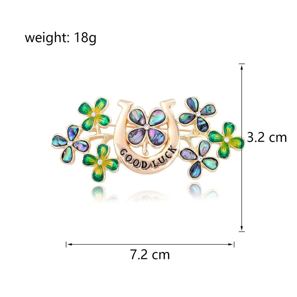 Elegant Alloy Four Leaf Clover Horseshoe Brooch With Enamel Rhinestone Flowers, Women's Lapel Pin Gift