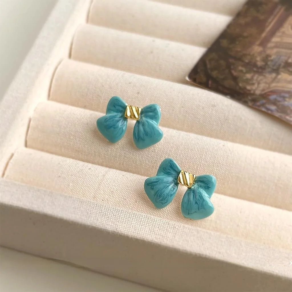Fresh Sweet Sea Blue Bow Alloy Handmade Enamel Stud Earrings Elegant Summer Jewelry