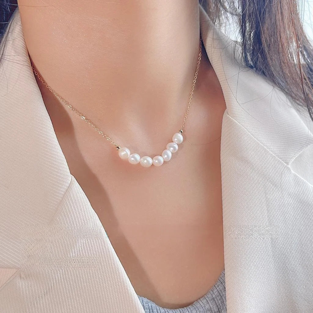 Freshwater Pearl 14K Gold Plated Copper Geometric Collarbone Necklace French Vintage Style
