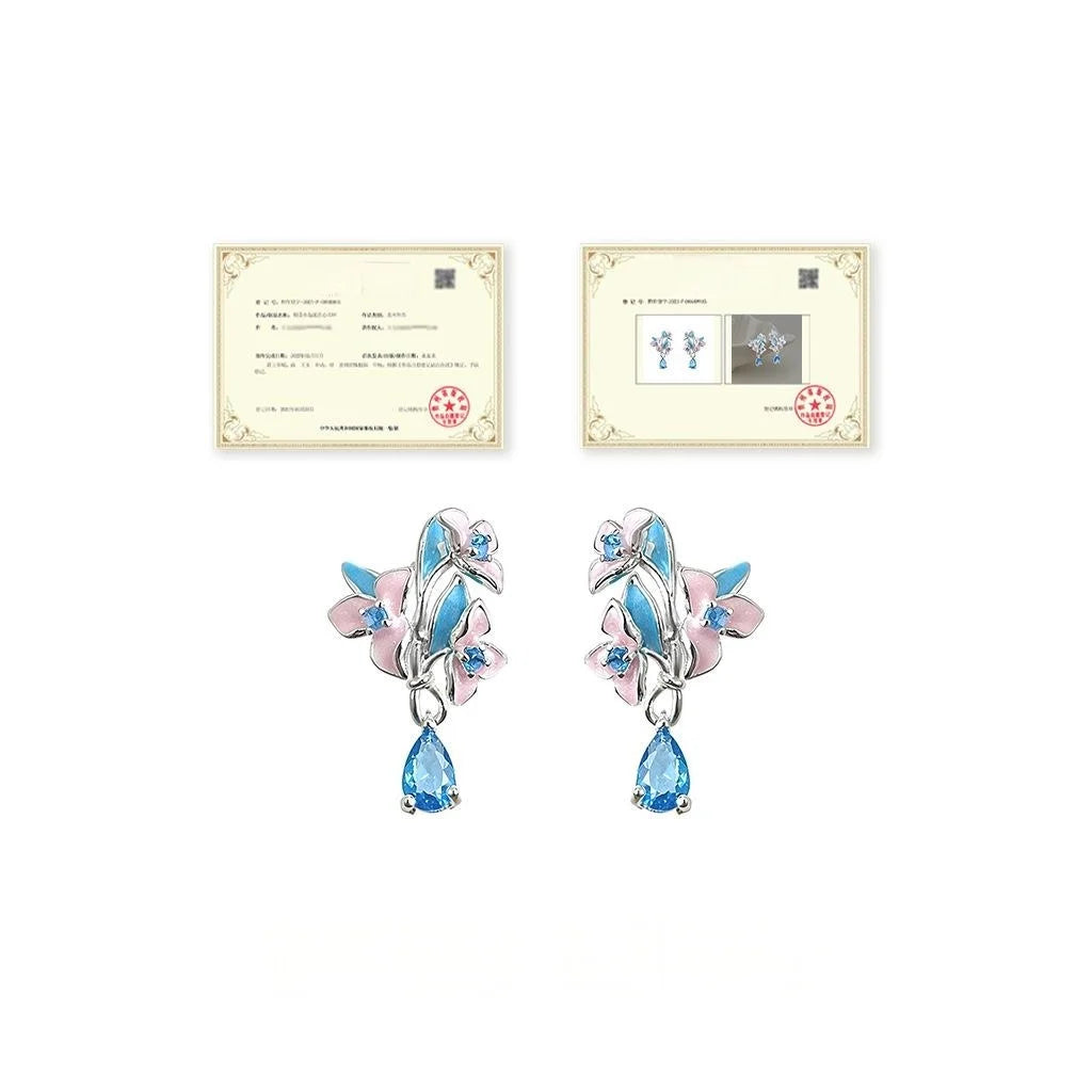 Hand Painted Enamel Orchid Drop Earrings Eco Copper Aquamarine Zircon Floral Sweet Jewelry