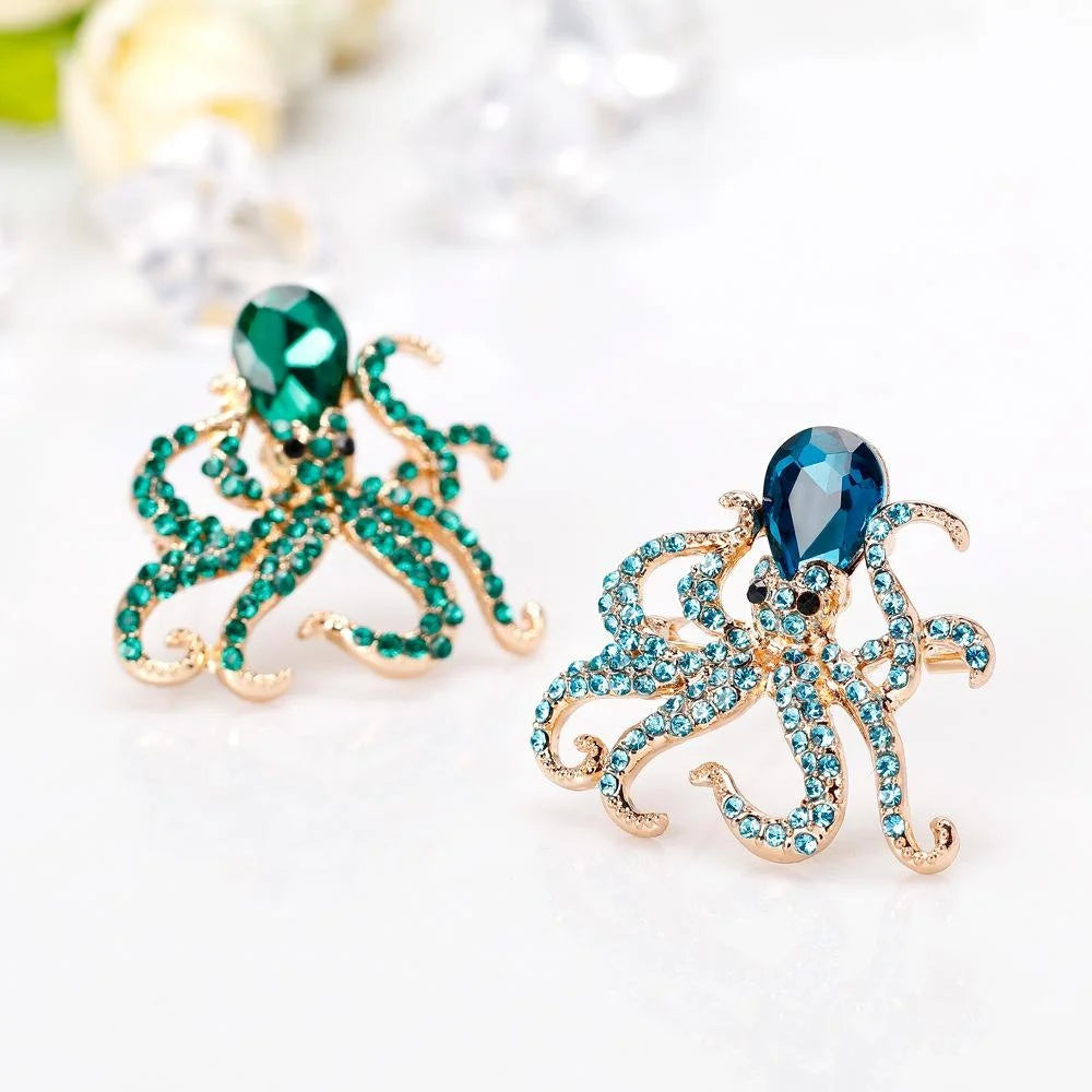Luxury Emerald Rhinestone Octopus Brooch, Gold Tone Alloy Ocean Animal Lapel Pin Corsage Suit Accessory Gift