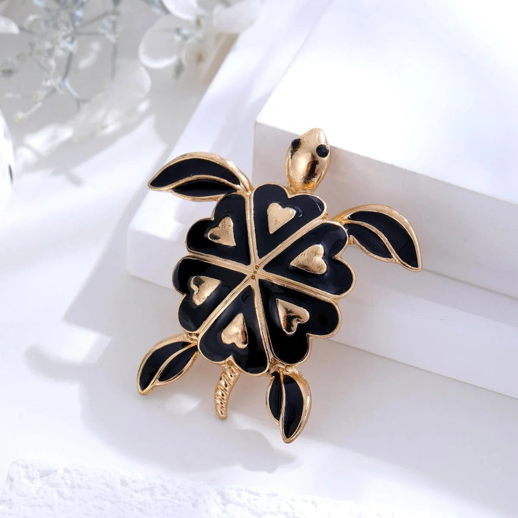 Vintage Black Enamel Heart Sea Turtle Alloy Brooch, Elegant Gold Tone Lapel Pin Suit Accessory Gift