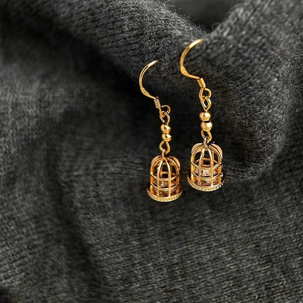 14K Gold Plated Copper Birdcage Drop Earrings, French Vintage Designer Style