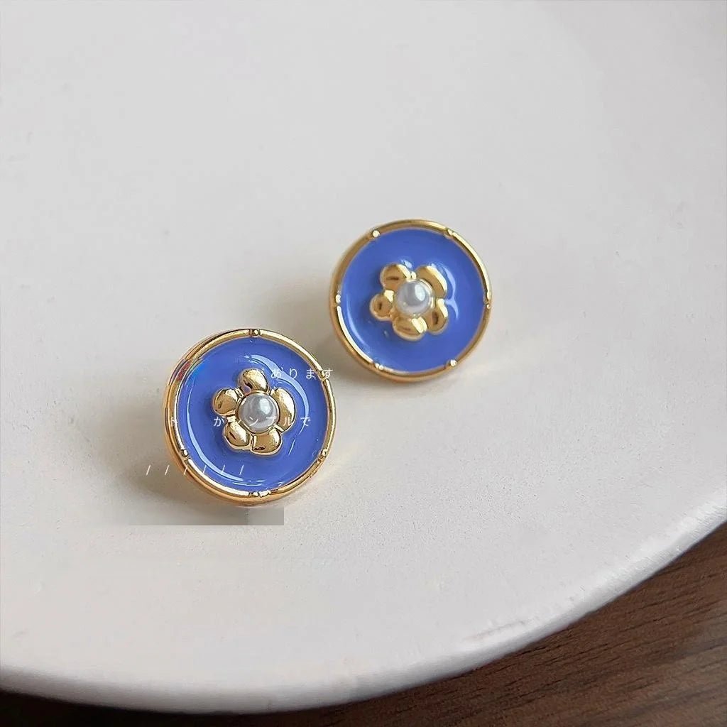 French Vintage Enamel Glazed Copper Floral Round Stud Earrings For Women