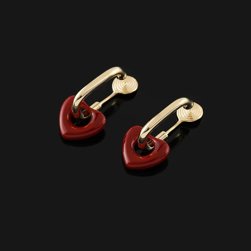 Elegant Red Enamel Heart Charm Gold Alloy Hoop Stud & Clip On No Piercing Fashion Earrings