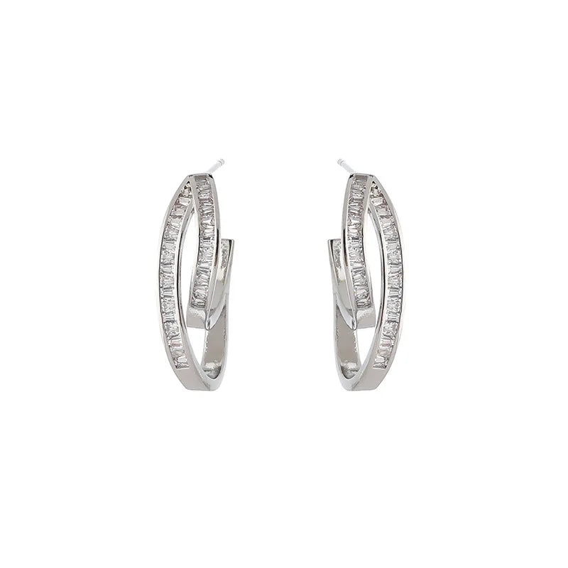 Luxury Irregular Double Cross Hoop Zircon Stud & Clip On No Piercing Women's Fashion Earrings