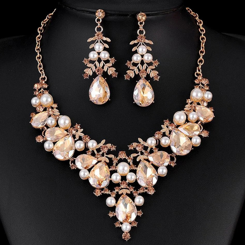 Luxury Rhinestone Crystal Pearl Drop Earrings And Necklace Jewelry Set For Women Wedding Party Banquet Gift