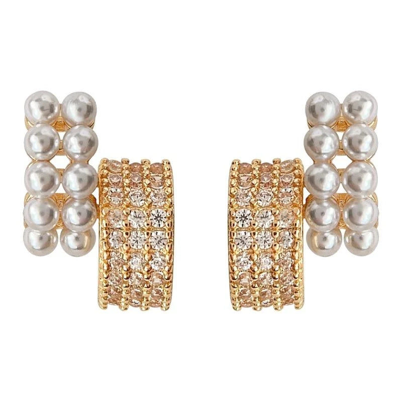 14K Gold Plated Copper Geometric Square Pearl Zircon Stud Earrings For Women Light Luxury