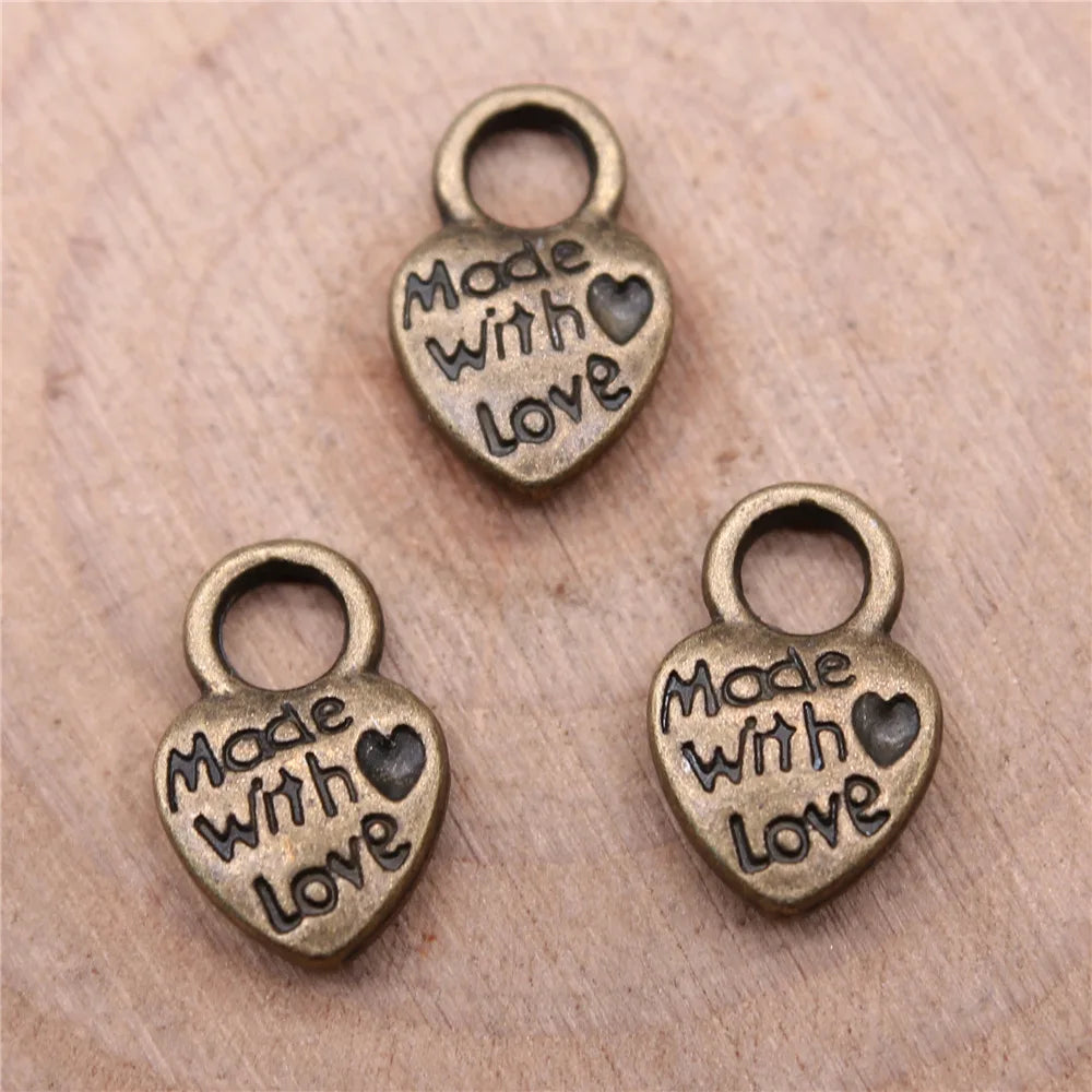 9x14mm 1g Antique Zinc Alloy Made with Love Heart Charm Pendant for DIY Bracelet Necklace Making