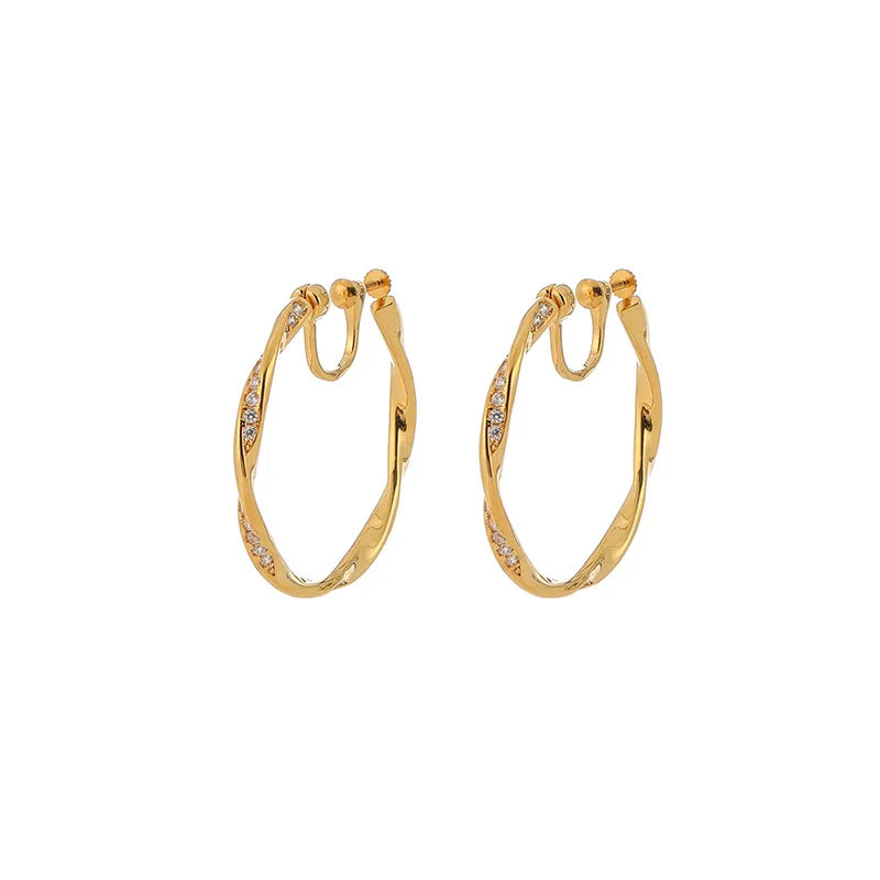 Elegant Hong Kong Style Gold Twisted Hoop Zircon Alloy Stud & Clip On No Piercing Women's Earrings