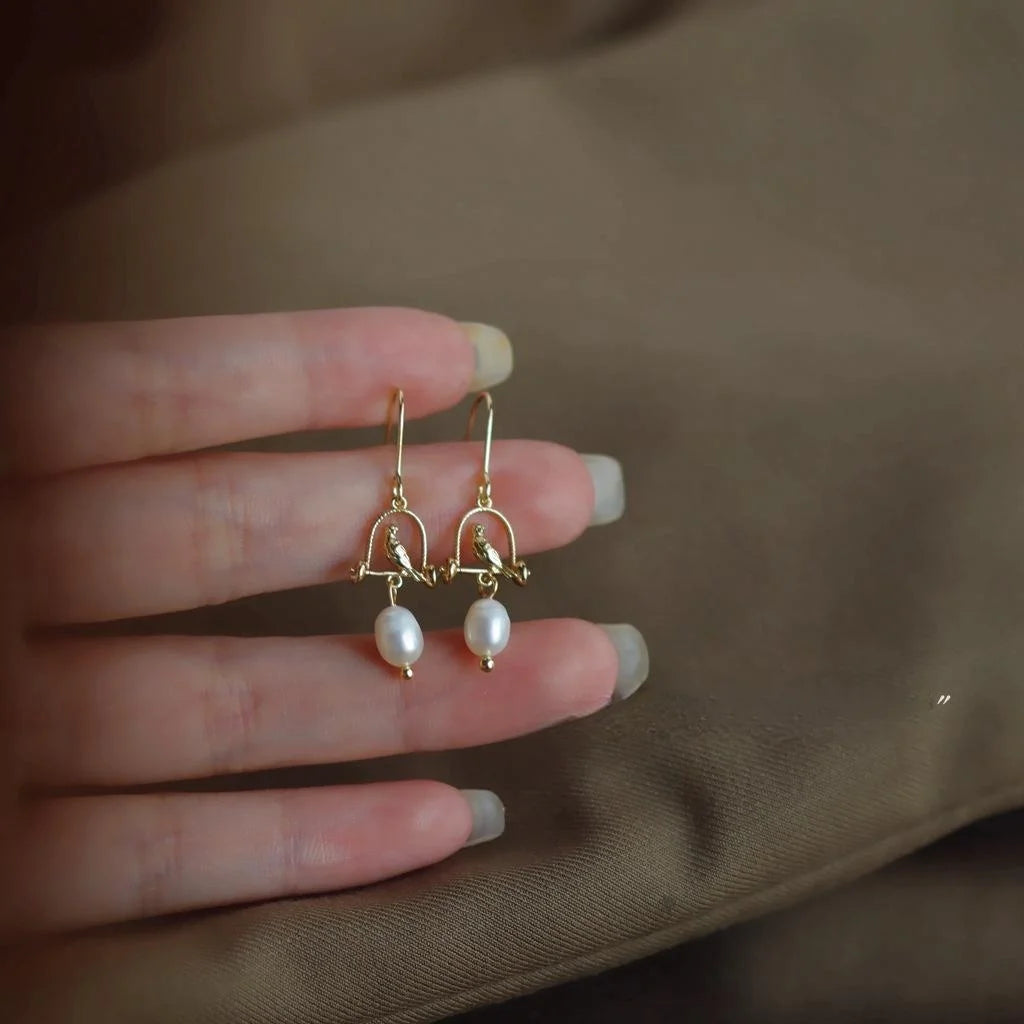 French Vintage Copper Freshwater Pearl Caged Bird Drop Earrings Handmade Palace Style Jewelry