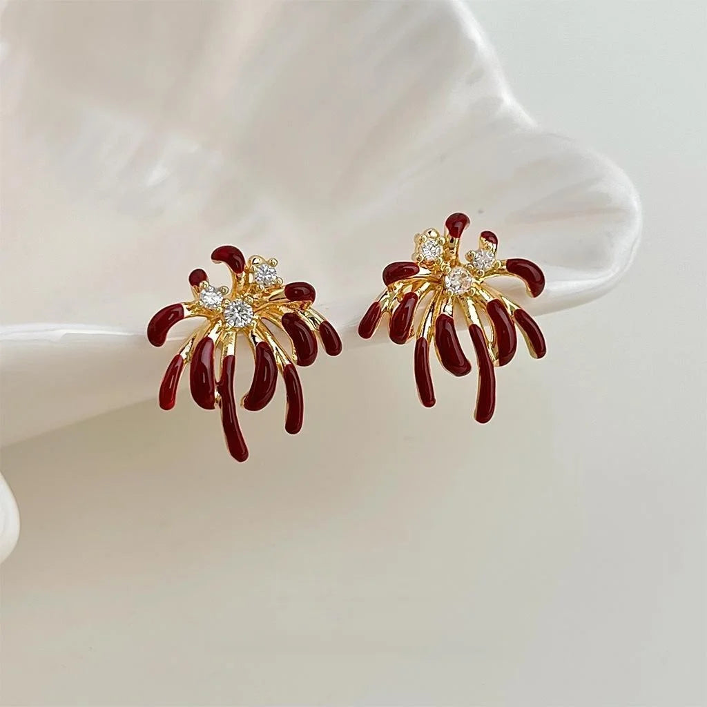 Luxury Burgundy Firework Micro Pave Zircon Enamel Geometric Copper Stud Earrings