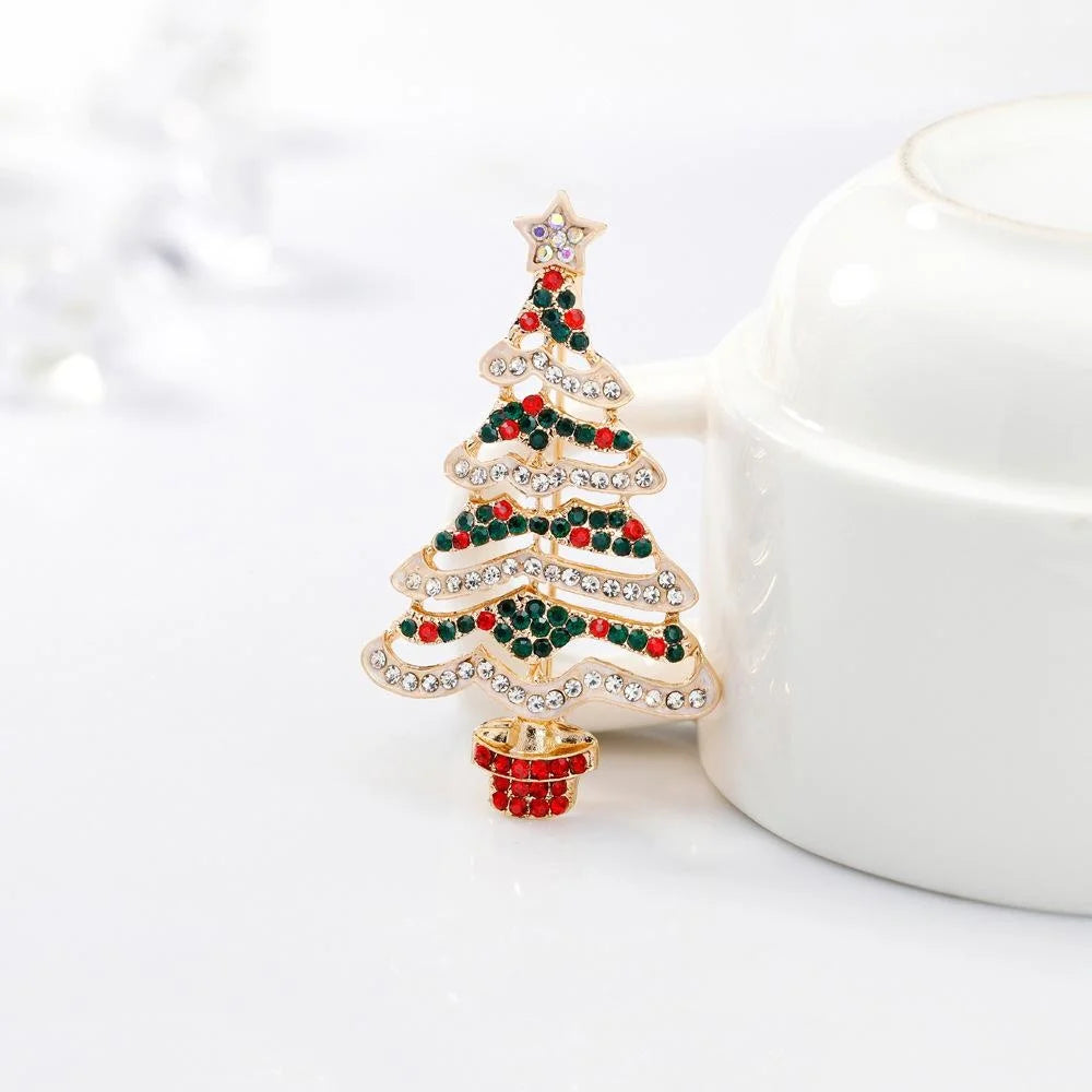 Cute Christmas Tree Alloy Rhinestone Brooch, Gold Tone Festive Lapel Pin Corsage Suit Accessory Gift