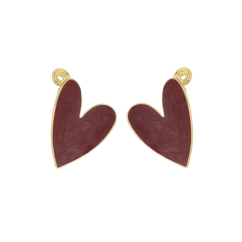 Vintage Dark Red Enamel Heart Alloy Elegant Statement Stud & Clip On No Piercing Fashion Earrings