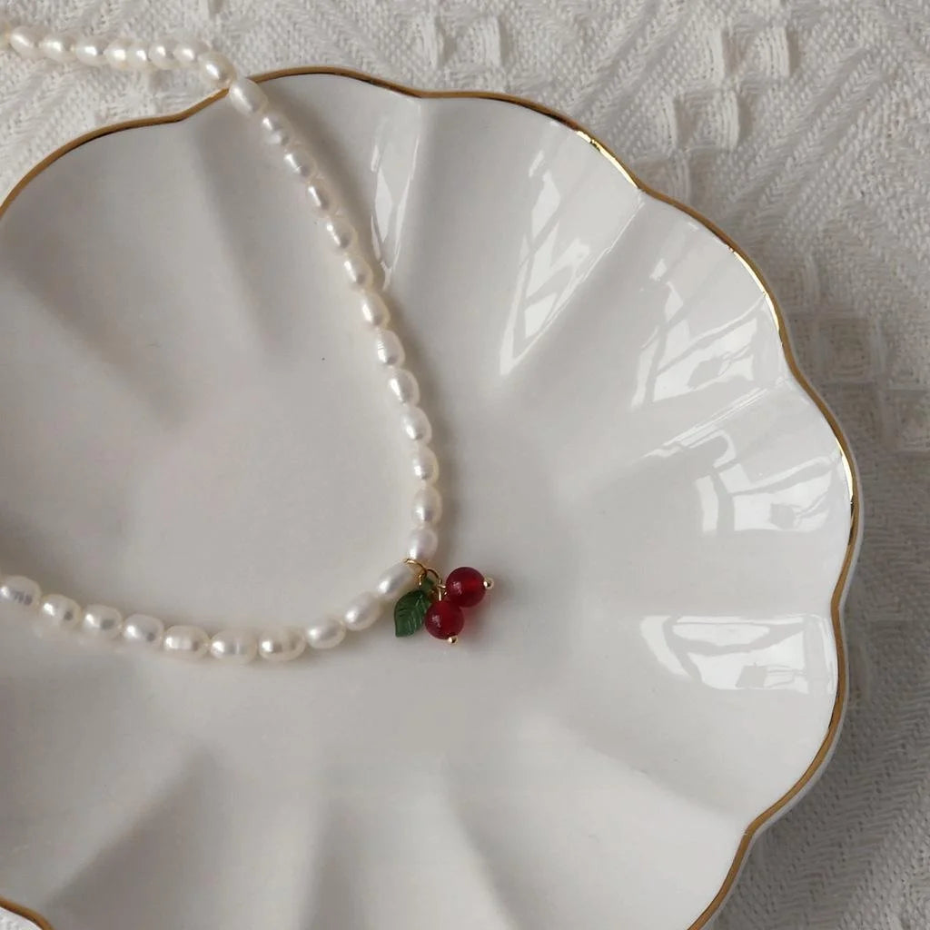 French Vintage Freshwater Pearl Cherry Copper Choker Necklace For Women