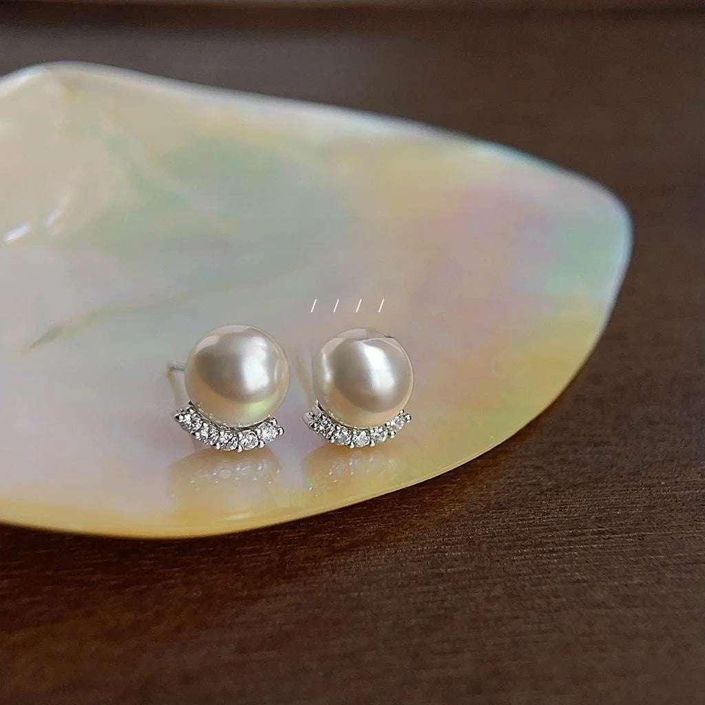 Retro Round Glass Pearl Zircon Micro Pave Copper Stud Earrings For Elegant Office Wear
