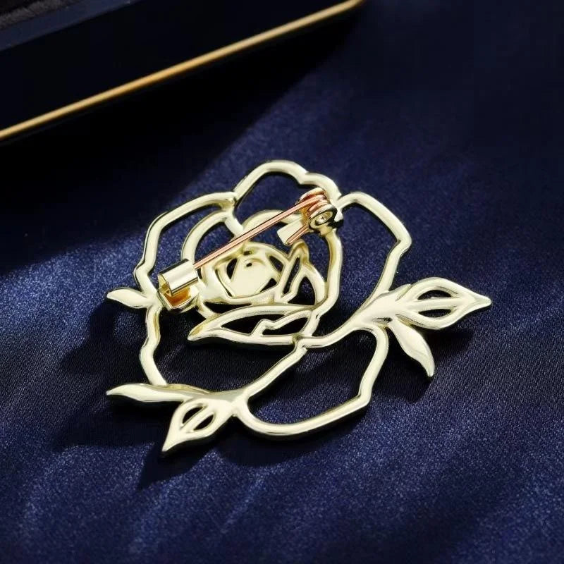 Elegant Hollow Rose Camellia Flower Alloy Brooch Pin, Korean Style Gold Lapel Pin Corsage Suit Accessory