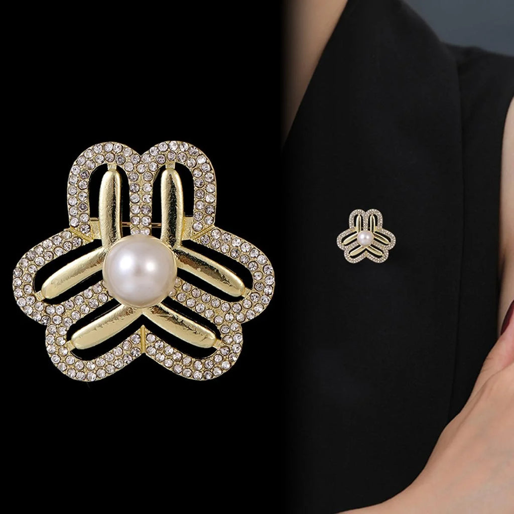 Elegant Rhinestone Pearl Flower Emblem Brooch, Gold Tone Alloy Lapel Pin Corsage Suit Accessory Gift