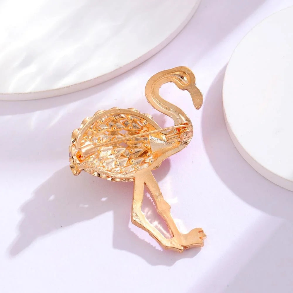 Luxury Pink Rhinestone Flamingo Brooch Gold Tone Alloy Animal Lapel Pin Corsage Suit Accessory Gift