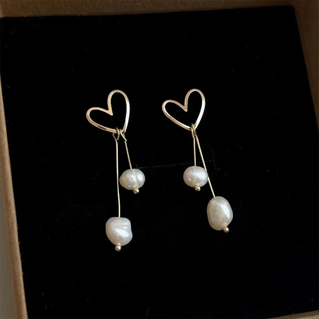 14K Gold Plated Baroque Freshwater Pearl Heart Geometric Tassel Stud Earrings