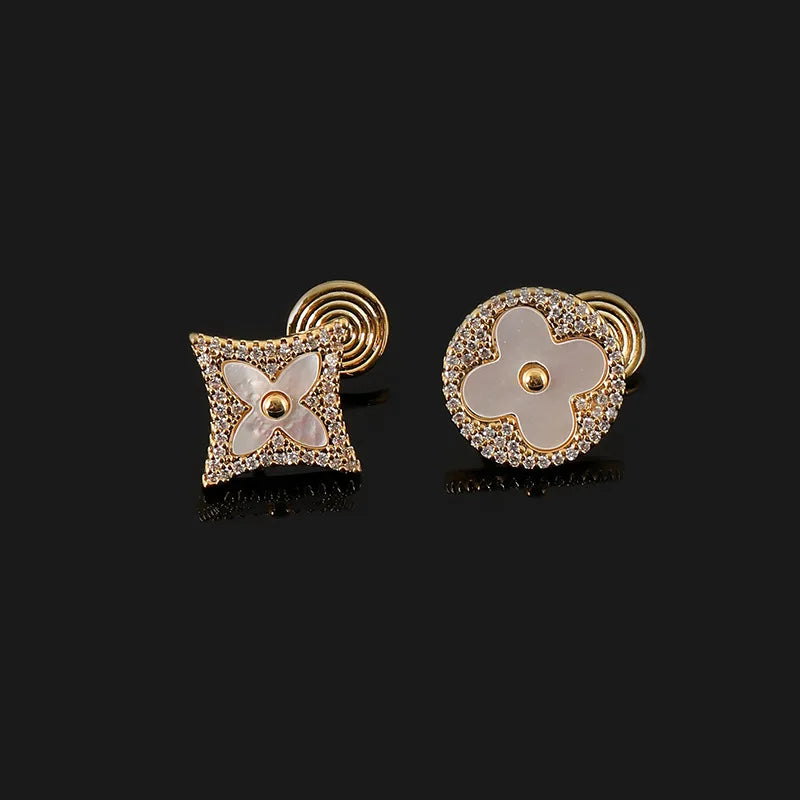 Luxury Asymmetric Mother Of Pearl Clover Round Diamond Shape Rhinestone Stud & Clip On No Piercing Earrings
