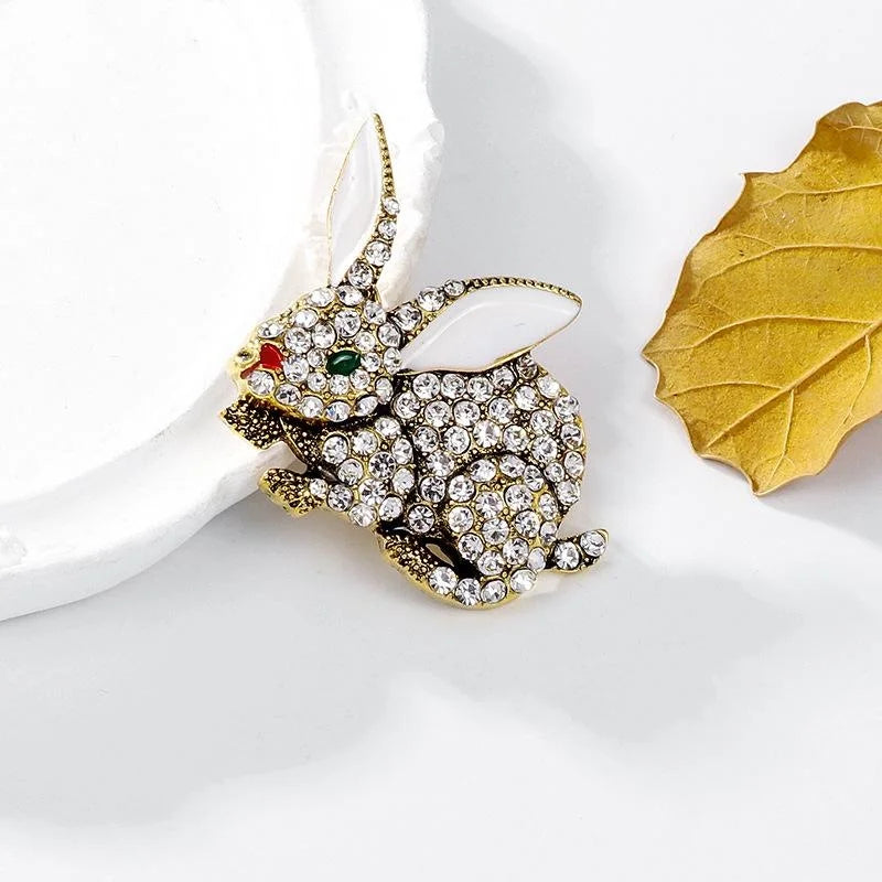 Cute Rhinestone Rabbit Brooch With Enamel Ears, Gold Alloy Animal Lapel Pin Corsage Suit Accessory Gift