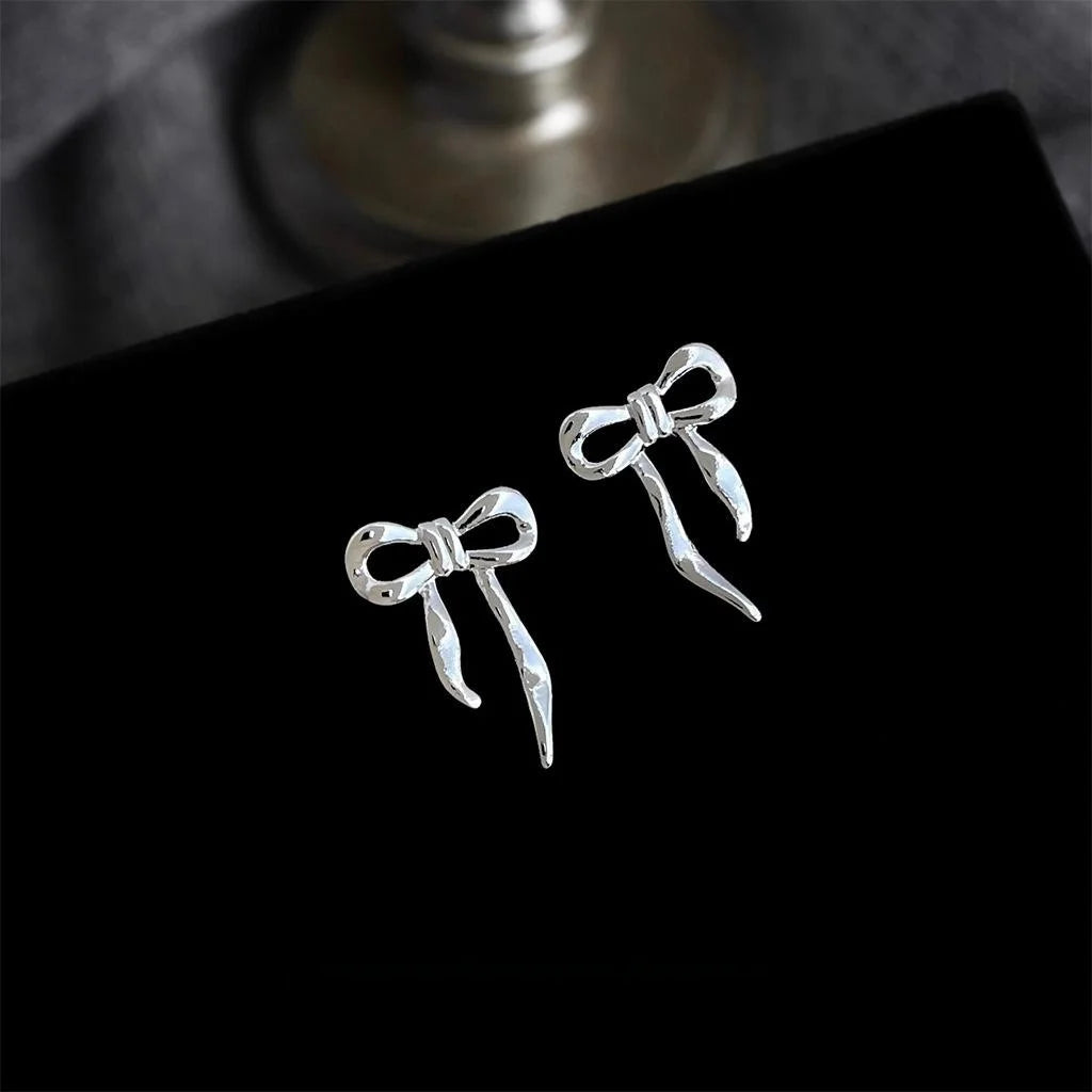 Sweet Ballet Bow Ribbon Stud Earrings Smooth Metal Copper For Women
