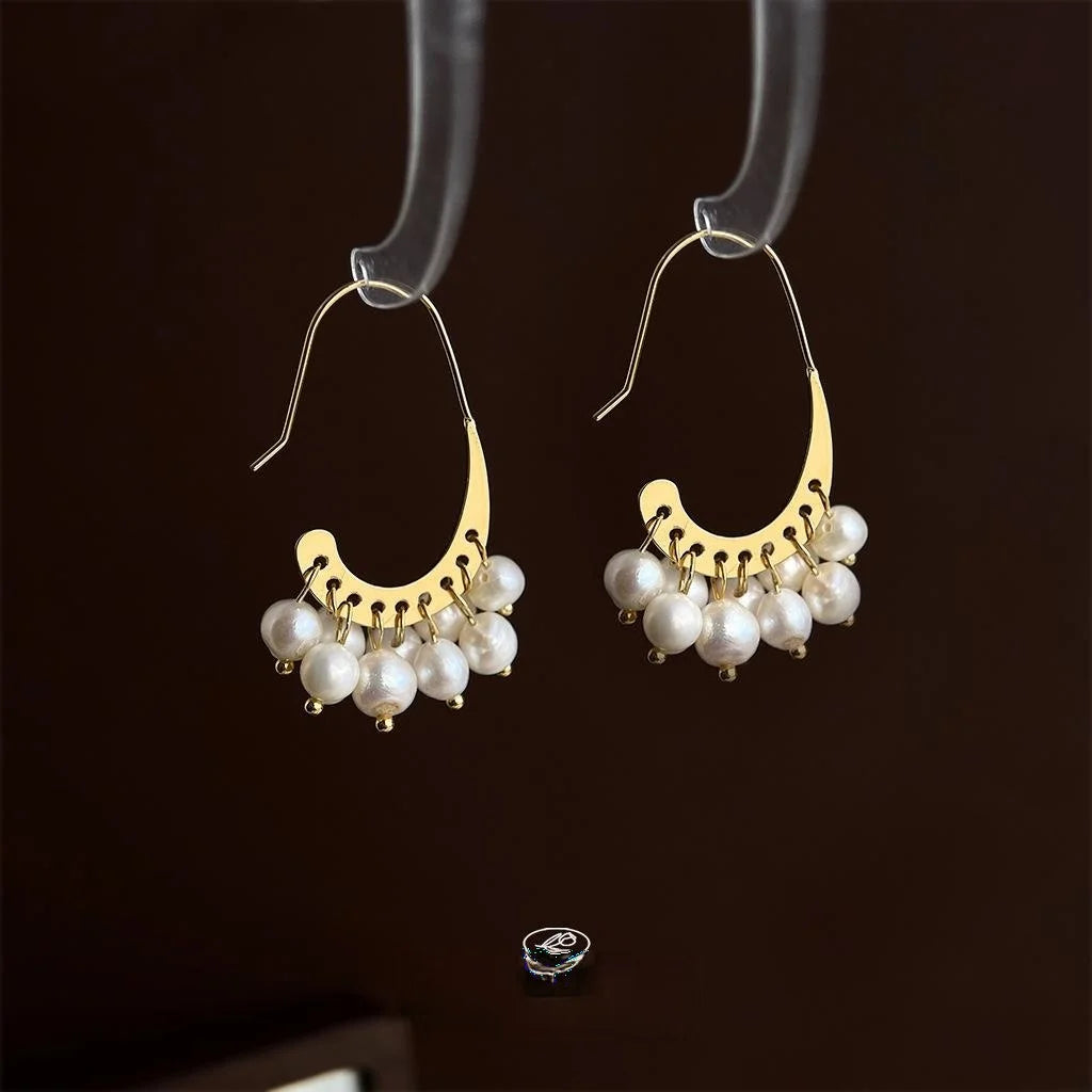 Handmade Freshwater Pearl Geometric Drop Earrings Light Luxury Fashion Jewelry