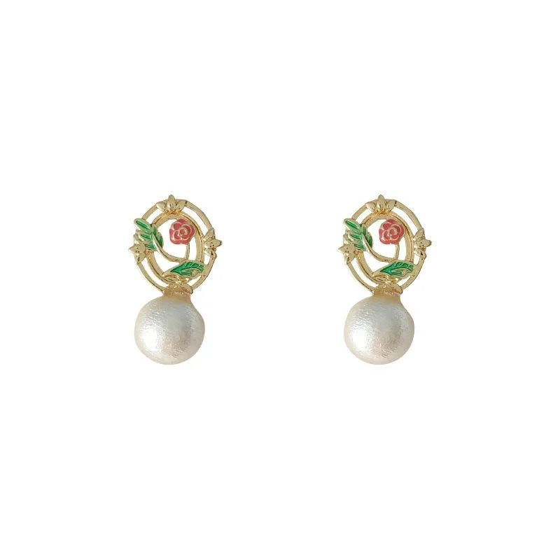 Hand Painted Floral Enamel Copper Drop Earrings With Cotton Pearls For Women