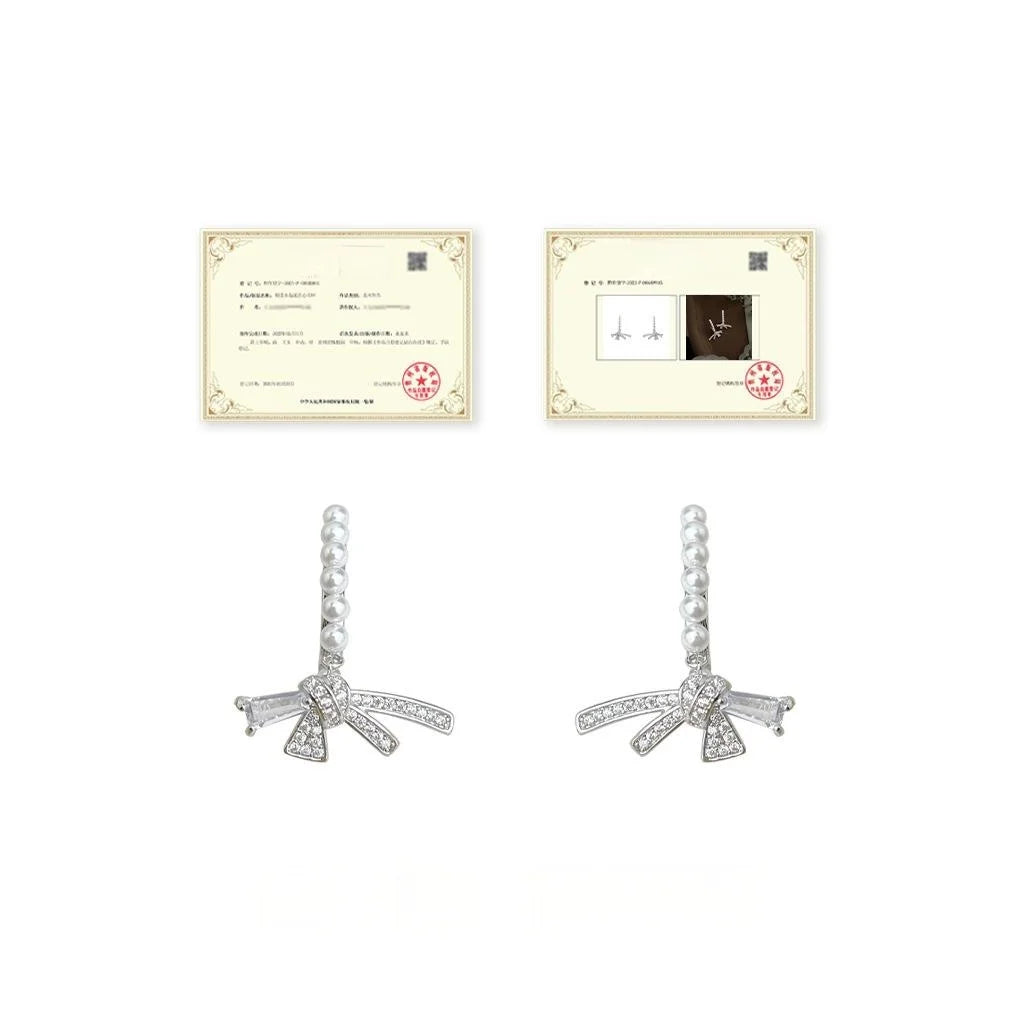 Light Luxury Copper Bow Micro Pave Zircon Silver Plated Pin Drop Earrings For Women