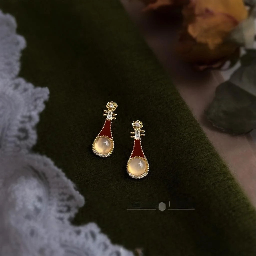 Chinese Style Pipa Agate Drop Earrings With Burgundy Enamel And Micro Pave Zircon