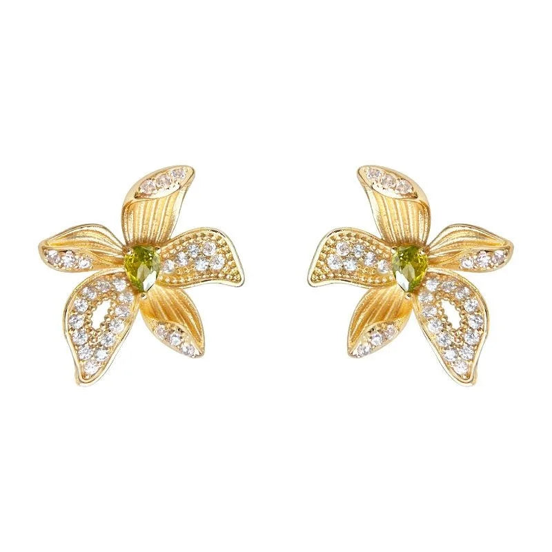 Light Luxury Copper Zircon Iris Flower Petal Bow Stud Earrings, 3D Micro Pave Designer Jewelry