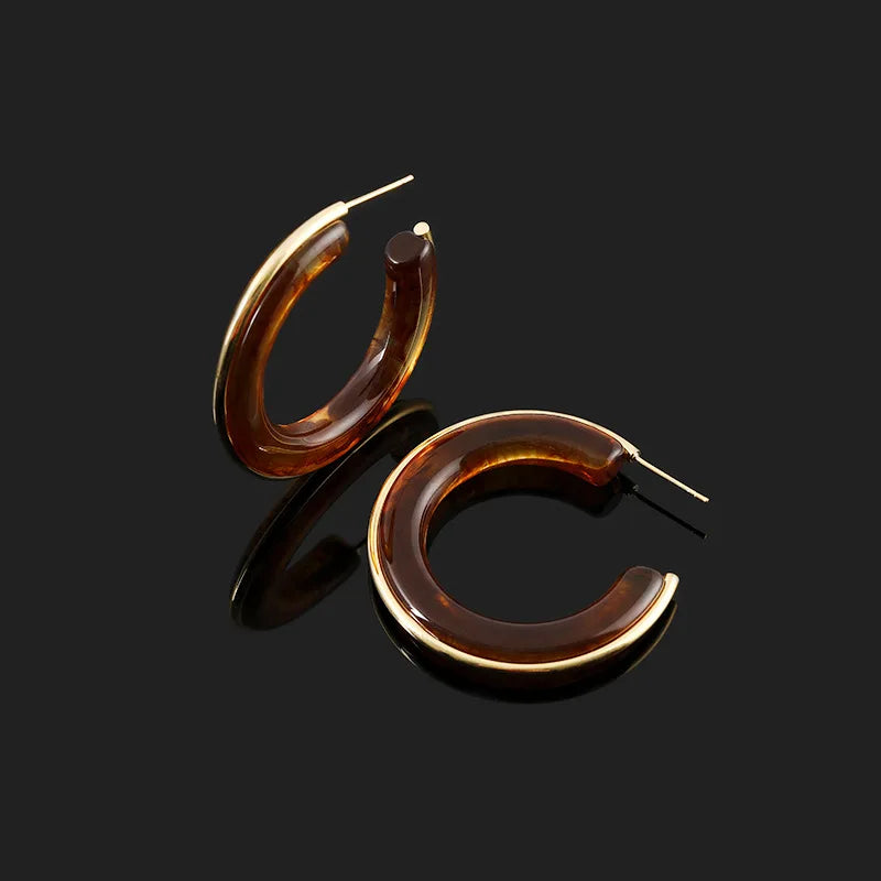 Vintage Tortoise Resin Round Hoop Alloy Stud & Clip On No Piercing C-Shaped Statement Earrings
