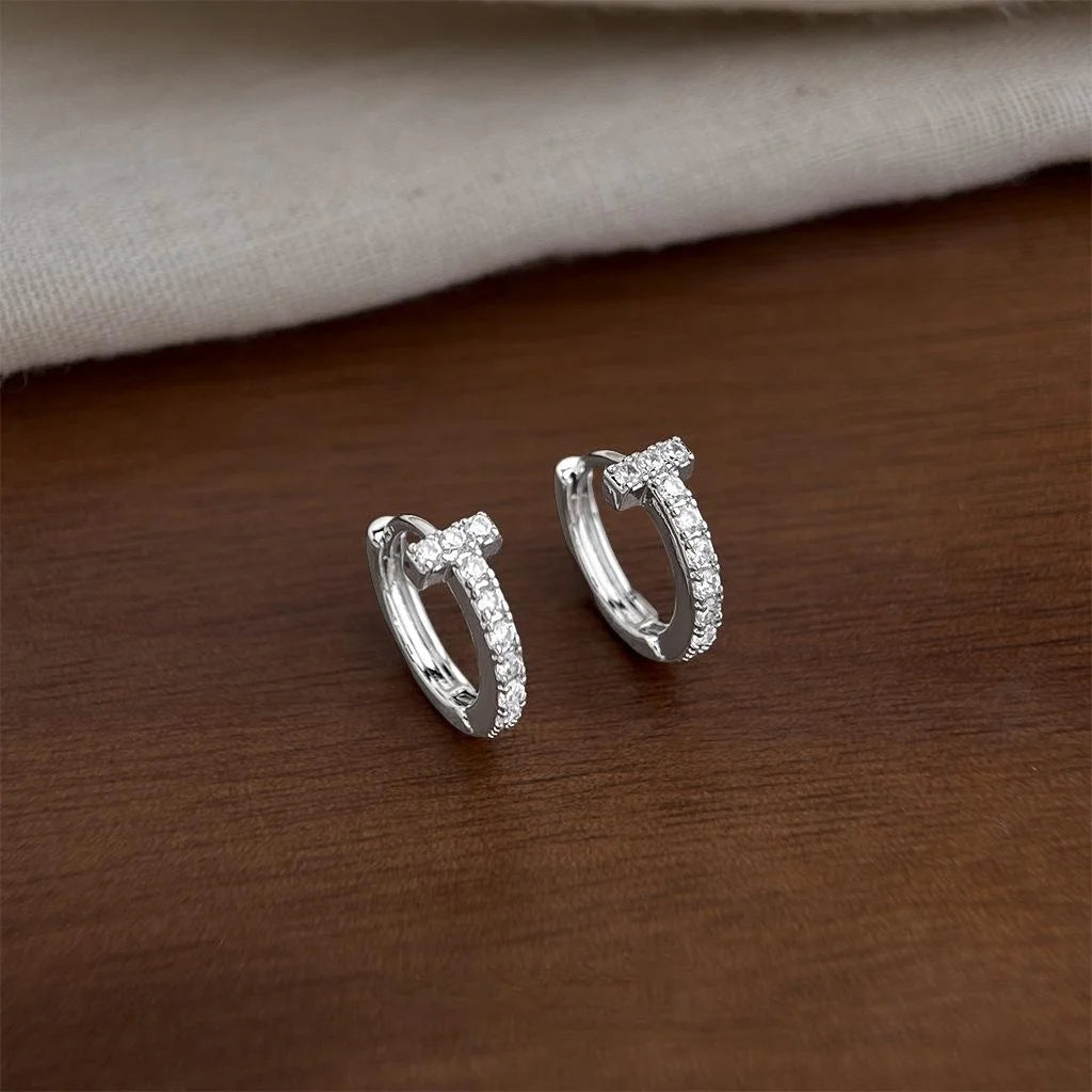 Minimalist T Shape Zircon Micro Pave Eco Copper Stud Earrings For Women Geometric Round Jewelry