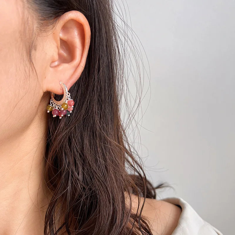 Vintage Crescent Hoop Natural Stone Beaded Alloy Stud & Clip On No Piercing Handmade Earrings