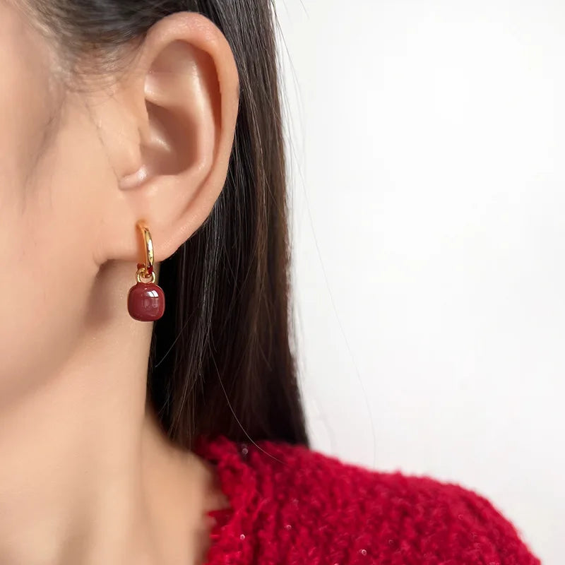 Vintage Red Enamel Square Drop Hoop Stud & Clip On No Piercing Gold Tone Alloy Spiral Disc Earrings